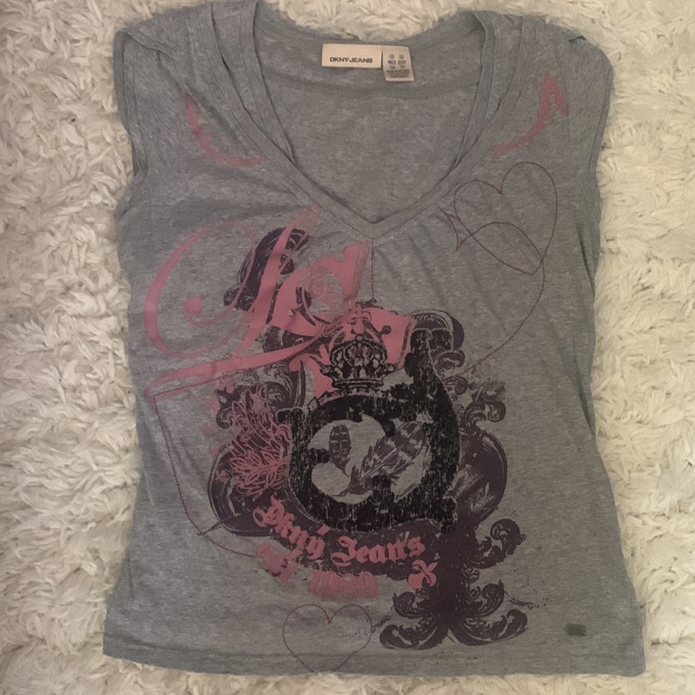 Y2K DKNY Pink Graphic Gray Baby Tee
